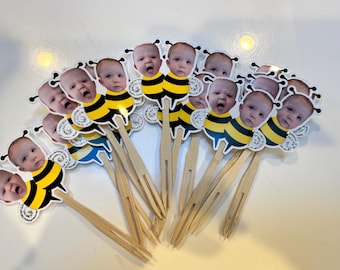 Adornos para cupcakes con foto de abejorro personalizados TWIN con purpurina. Juego de 12. Resistente al agua con acabado brillante.