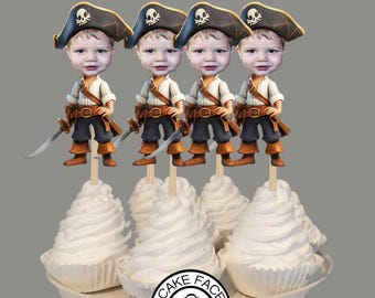 Adornos para cupcakes con foto de pirata personalizados. Juego de 12 con acabado brillante.