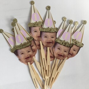 Gold or Sliver birthday hat photo cupcake toppers waterproof and glossy finish. set of 12 image 3