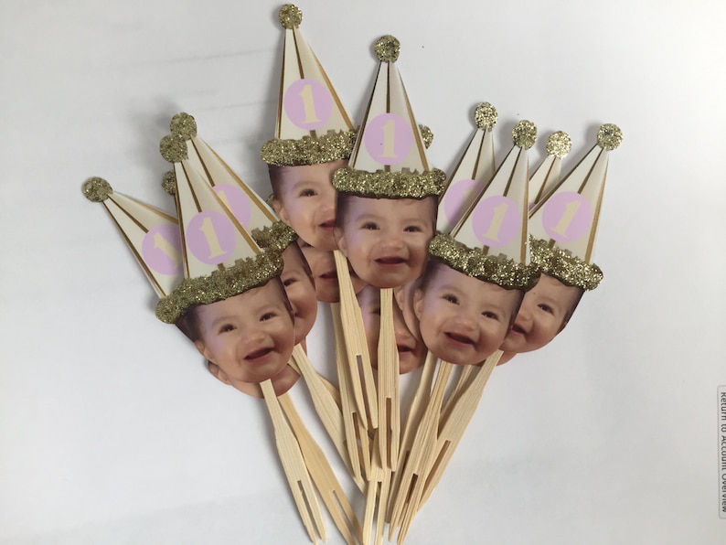 Gold or Sliver birthday hat photo cupcake toppers waterproof and glossy finish. set of 12 image 3