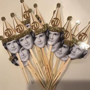 Gold or Sliver birthday hat photo cupcake toppers waterproof and glossy finish. set of 12 image 2