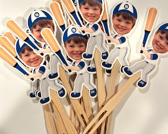 Adornos para cupcakes con foto de béisbol personalizados. Juego de 12 con acabado brillante.