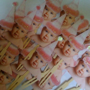 Pink birthday hat photo cupcake toppers set of 12. Waterproof with glossy finish. zdjęcie 4