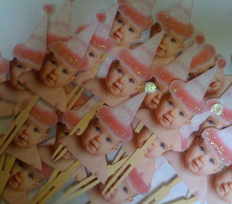 Pink birthday hat photo cupcake toppers set of 12. Waterproof with glossy finish. zdjęcie 4