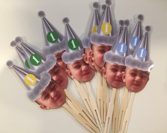 Gold or Sliver birthday hat photo cupcake toppers . set of 12. Waterproof with glossy finish.