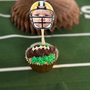 Personalized football helmet photo cupcake toppers. set of 12. Waterproof with glossy finish.