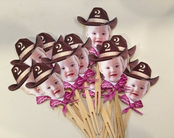 Cowboy or Cowgirl hat with scarf Photo cupcake toppers. set of 12. Waterproof with glossy finish.