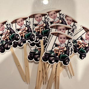 Personalized golf cart themed themed Photo cupcake toppers full body. set of 12. Waterproof with glossy finish.