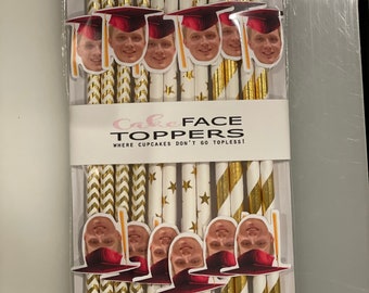 Personalized Graduation confetti face straws with hat added. Glossy finish