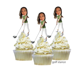 Adornos personalizados para cupcakes con foto de golf. Juego de 12 con acabado brillante. Niña.