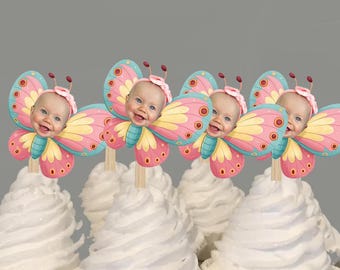 Adornos para cupcakes impermeables con foto de mariposa personalizados. Juego de 12 con acabado brillante.