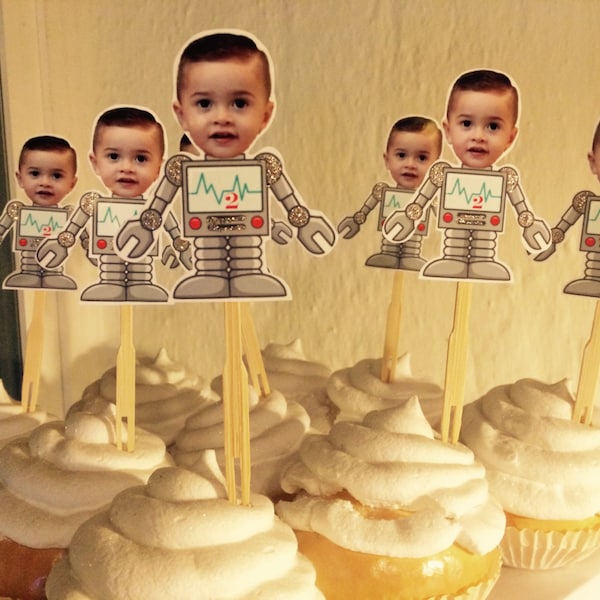 Photo Birthday robot themed cupcake toppers. Set of 12 with glossy finish.
