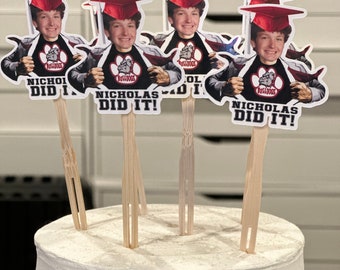 Personalized 2024 graduation hat photo cupcake toppers with name. set of 12. Waterproof with glossy finish.