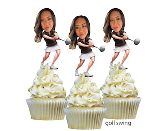 Adornos personalizados para cupcakes con foto de golf. Juego de 12 con acabado brillante. Niña.