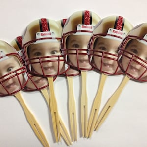 Personalized football helmet photo cupcake toppers. set of 12. Waterproof with glossy finish.
