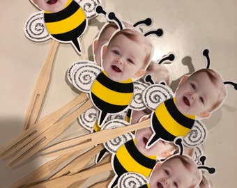 Personalized bumble bee photo cupcake toppers with glitter. set of 12 Waterproof with glossy finish.