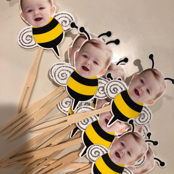 Personalized bumble bee photo cupcake toppers with glitter. set of 12 Waterproof with glossy finish.