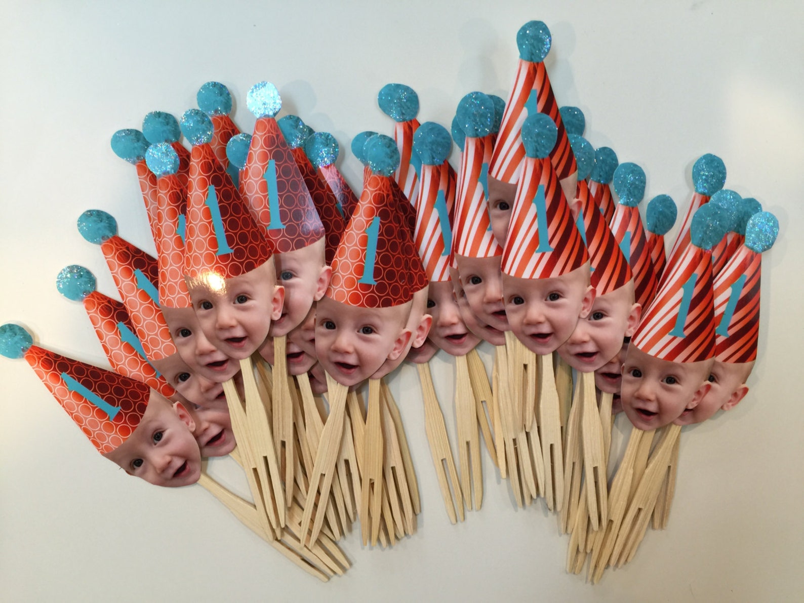 Red Teal and White Birthday Hat Cupcake Toppers Etsy