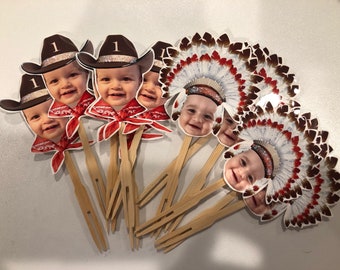 Cowboys and Indians Photo cupcake toppers. set of 12. Waterproof with glossy finish