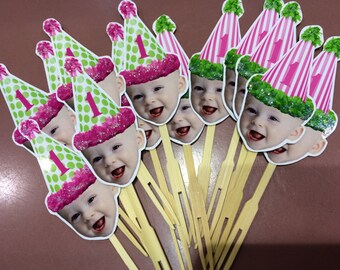 Pink and green Circus birthday hat photo cupcake toppers with borders