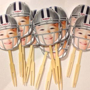 Personalized football helmet photo cupcake toppers. set of 12. Waterproof with glossy finish.