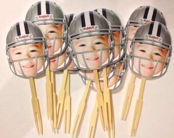 Personalized football helmet photo cupcake toppers. set of 12. Waterproof with glossy finish.