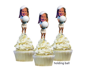 Adornos personalizados para cupcakes con foto de golf. Juego de 12 con acabado brillante. Niña.
