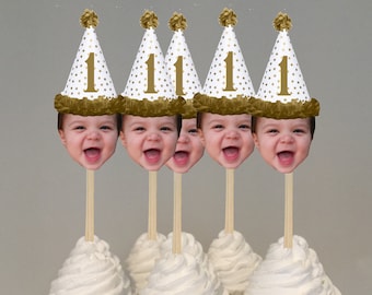 Gold star themed photo with birthday hat cupcake toppers . set of 12. Waterproof with glossy finish
