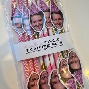 Personalized confetti face straws. Glossy finish w/ hat option