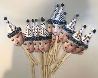 Photo cupcake toppers with black and white dot hat. set of 12. Waterproof with glossy finish.