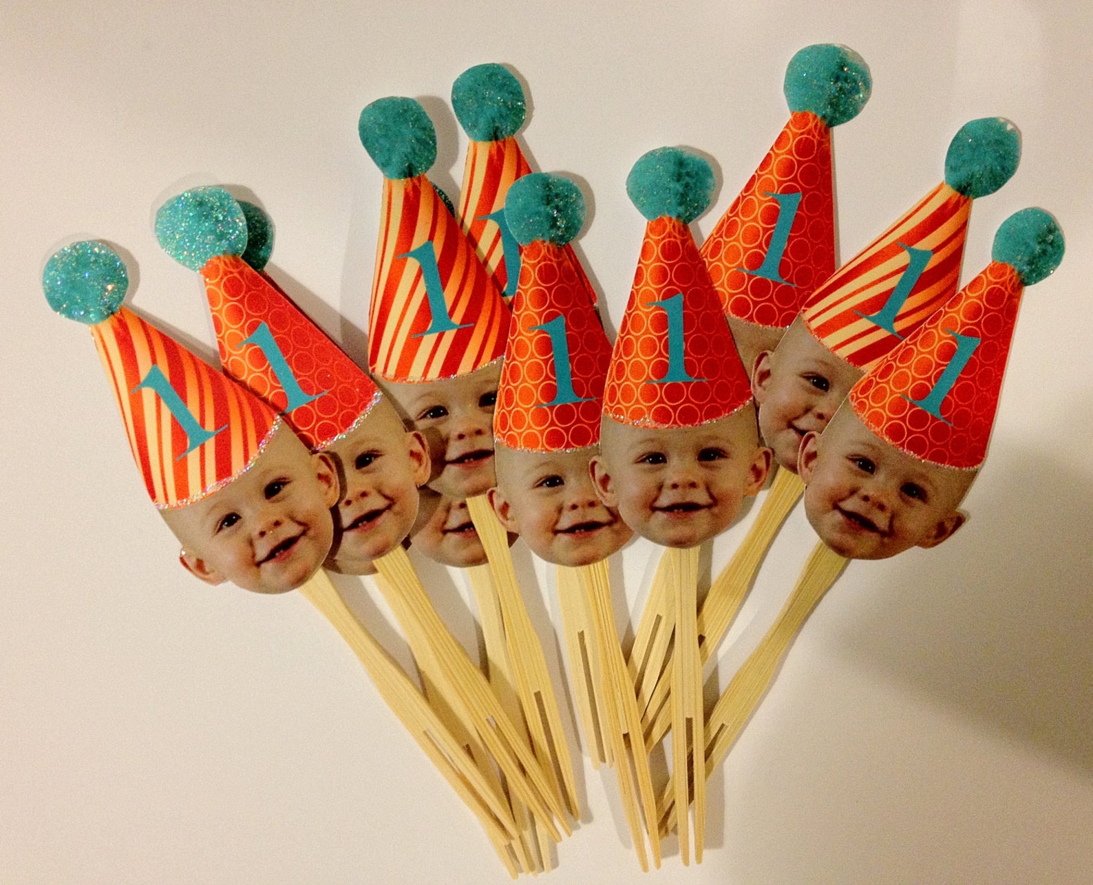 Red Teal and White Birthday Hat Cupcake Toppers Etsy