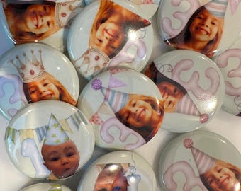 Custom birthday pin backs using one photo.  (Set of 6)  sized at  1.25"