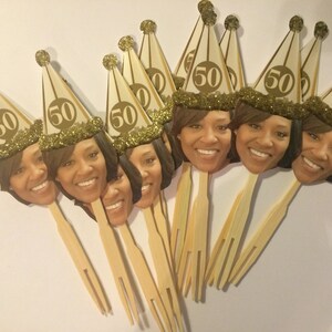 Gold or Sliver birthday hat photo cupcake toppers waterproof and glossy finish. set of 12 image 4