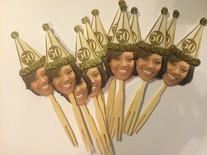 Gold or Sliver birthday hat photo cupcake toppers waterproof and glossy finish. set of 12 image 4