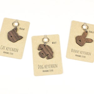 Wooden Walnut Animal, Dog, Cat, Bunny, Keychain - FSC certificated wood, Cute Bag Tag, Retro Keychain, Keyring.
