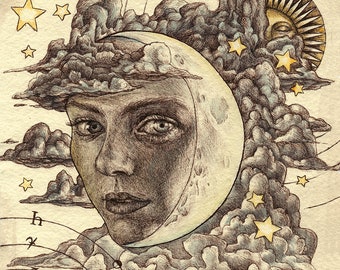 Crescent Moon Portrait Print - Moon Art - Sun and Moon Art - Sun and Moon Accessories - Astrology Art Print - Astrology Art - Astronomy Art