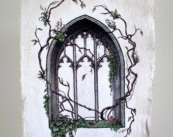 Gothic Window Archway - Original Illustration - Ink and Watercolor Wall Art Original Illustration