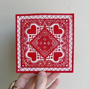 RED Playing Card Handmade Patch - Suit Symmetry Square - Ink - Iron on - Sew on - Block Printed