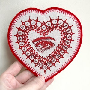 RED Lover&#39;s Eye Iron on Patch - Handmade Patch - Hand Printed Patch - Lovers Eye Accessories - Heart Patch - Victorian - Georgian - Gothic