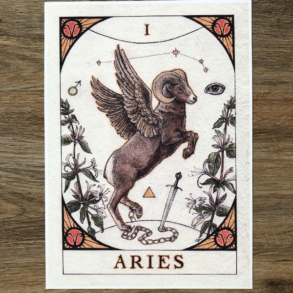 Aries Tarot Illustration Print - Aries Print - Art Prints - zodiac - astrology - Aries constellation - vintage - watercolor ink print