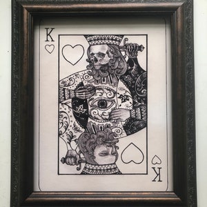 Reversible 8.5 in x 11 in King of Heart Karty do gry Czaszka Nadruk - Król Kier - Karty do gry - Dekoracja pokoju pokerowego - Nadruk Czaszka