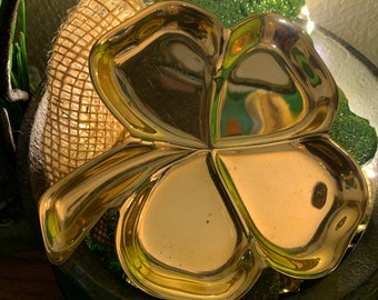 Vintage brass four leaf clover dish. Trinket dish, vanity tray.