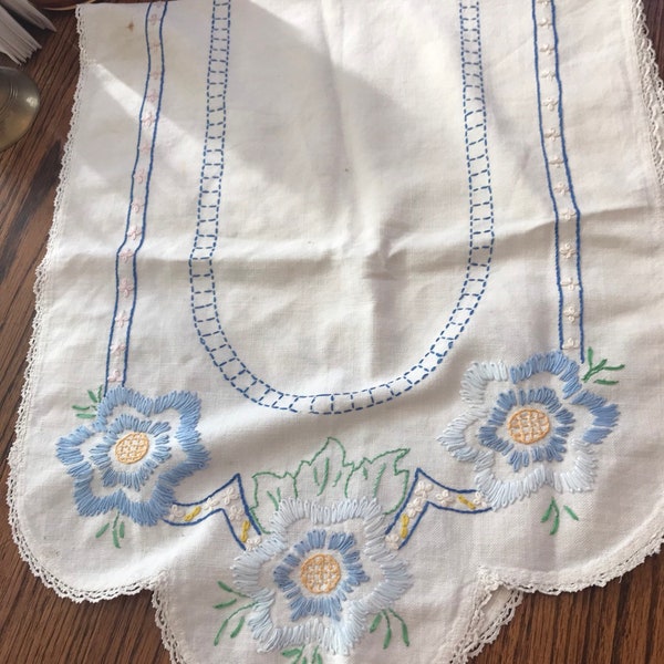 Vintage table runner, vanity doily. Blue floral. Hand embroidered.