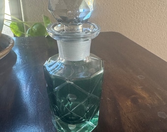 vintage green MCM cut glass bottle with topper. perfume, oil.