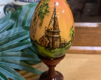 Vintage OOAK hand painted wooden egg with attached pedestal. Easter, religion, wood art, Easter egg, spring, Russian folk art