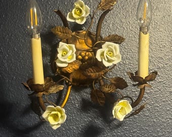 Vintage Italian gilt gold and porcelain rose Wall Sconce, 2 light sconce. Cottagecore.