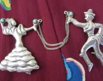 Vintage Sterling Silver and Turquoise Flamenco Dancers Chatelaine Brooch - Made in Mexico