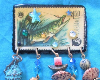 Vintage "Designs from the Deep" Postage Stamp Sea Life Brooch - DFTD