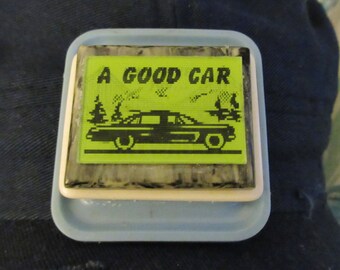 Original "A Good Car" Lenticular on Vintage Plastic Buckles Brooch