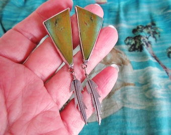 Vintage Southwestern Style Handmade Green Turquoise Pierced Earrings by Linda Linton